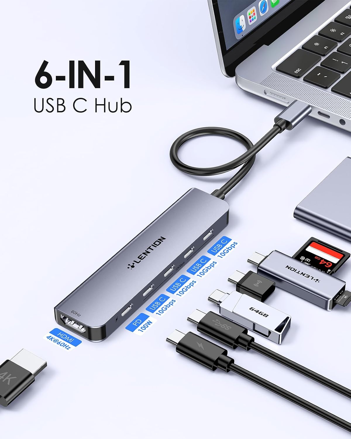LENTION 6 in 1 USB C Hub 10Gbps, 4 USB-C 3.2 Gen 2 Ports, 4K@60Hz, 100W PD