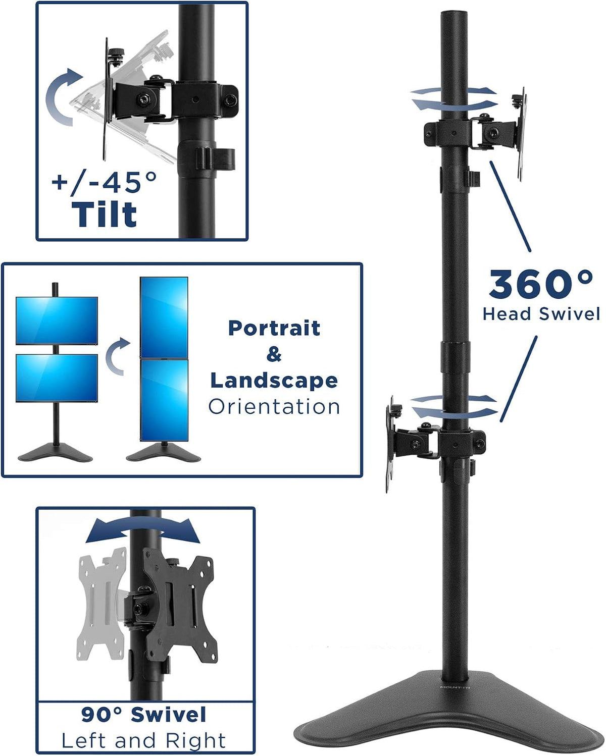 Mount-It! Vertical Dual Monitor Stand, Freestanding Stacked Monitor Mount for 2 Screens 17–32", Height Adjustable, Tilt Swivel Rotate, Portrait or Landscape, Holds 17.6 lbs per Arm, No Desk Clamp Needed