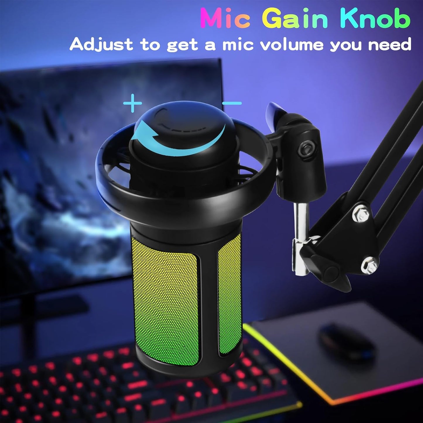 KingSom Gaming USB Microphone,Noise-Canceling Condenser Mic with Boom Arm | Podcast Microphones RGB Computer Mic,Streaming Microphone with Pop Filter, Mute Button,Gain for Recording,Discord,YouTube