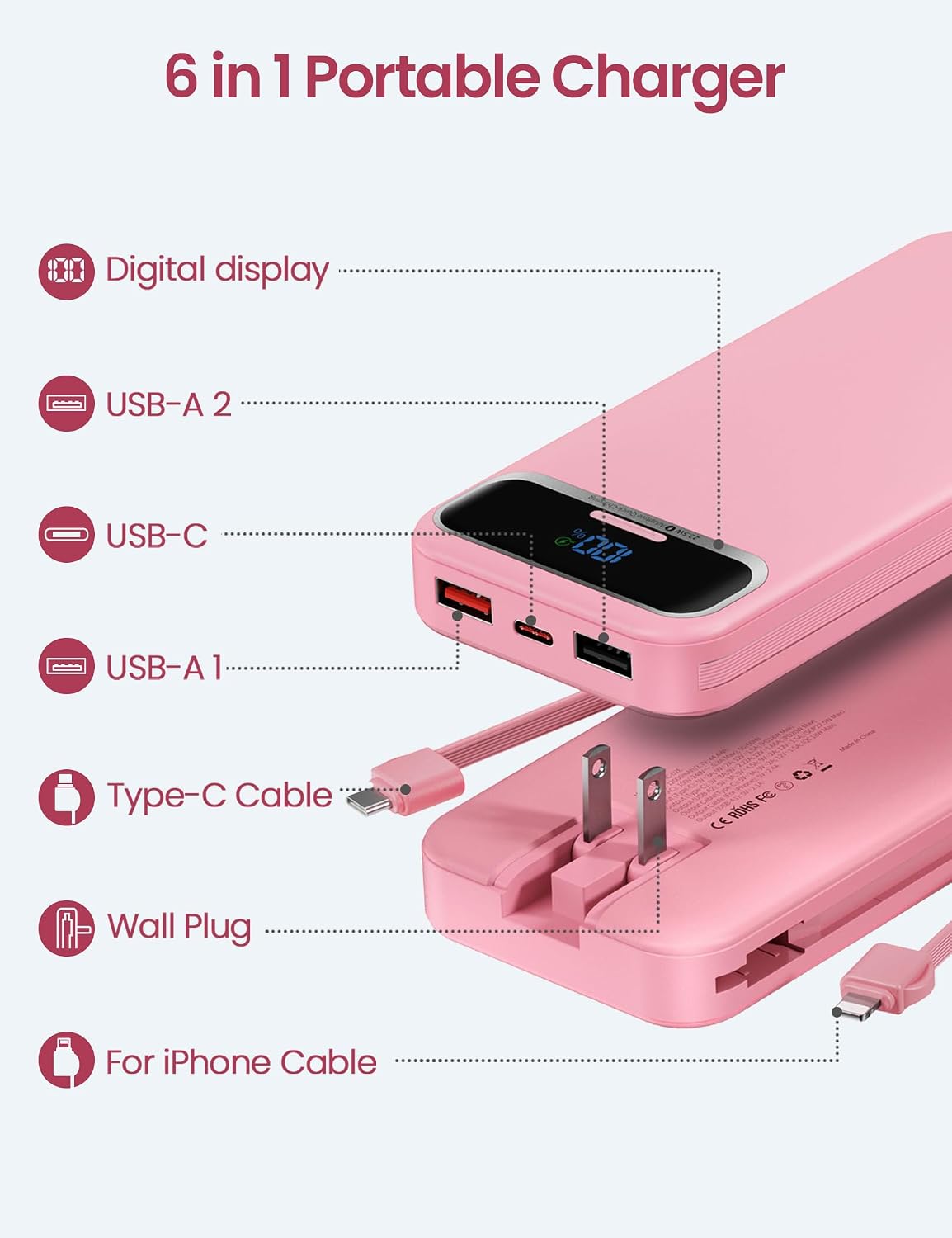 aonidi Portable Charger 12000mAh with Built-in Cables&AC Wall Plug, Pink | PD20W USB C Fast Charging,LED Display External Travel Power Bank,TSA approved Battery Pack for All iPhone,Samsung,Android