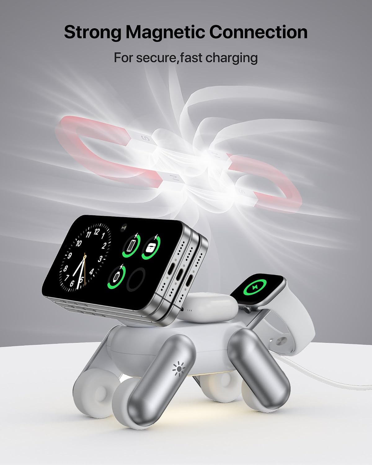 UEQ 3 in 1 Wireless Charging Station for Apple Devices,Foldable Cute Magnetic Mag-Safe Wireless Charger Stand with Night Light for iPhone 17 Air 16 15 14 13 12 Series,AirPods 4 3 2 Pro,Apple Watch
