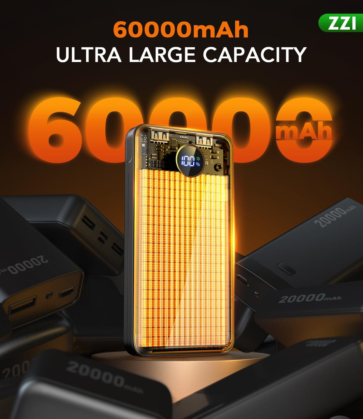 ZZI Portable Charger Power Bank 60000mAh, 22.5W PD Fast-Charge Battery Pack | Charge 5 Devices, 3-Ports & 3 in 1 Cable, 60% in 30min, 10 times for iPhone, Fit All Cell Phone/Tablets,Camping/Travel/Outage