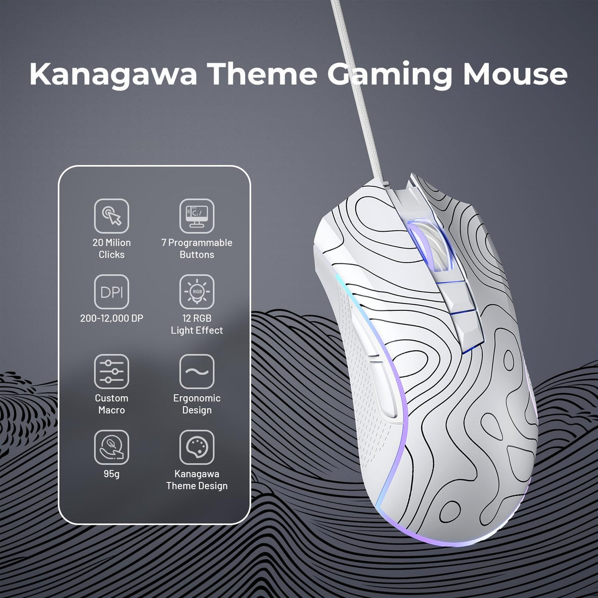 XVX G705 Wired Gaming Mouse, 12000 DPI RGB Gaming Mouse with 12 Backlit Modes &amp; 7 Macro Buttons, PC Gaming Mice Support DIY Keybinding, Mouse Gamer Computer Mouse for Laptop PC Mac Windows,Topographic