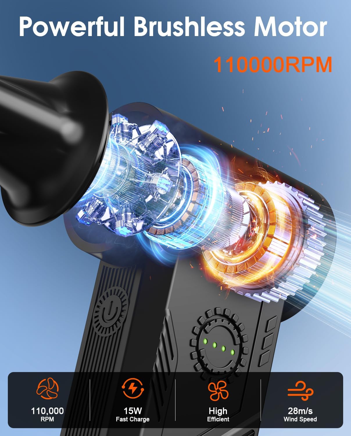 110000RPM Compressed Air Duster, 15W Fast Charge, 4-Speed, 5200mAh | Mini Cordless Electric Duster, Powerful Turbo Fan, Reusable, Durable Dust Blower, Clean PC/Keyboard/Car/Camera/Golf/Home