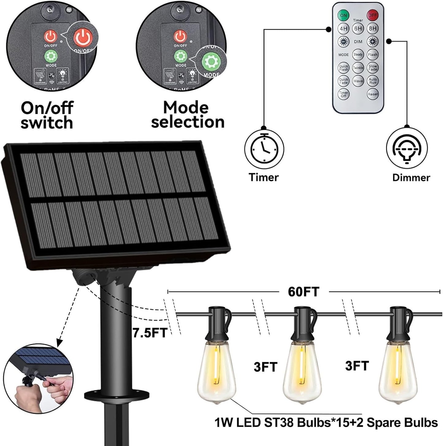 Stright 60FT Solar String Lights Weatherproof 15 LED for Patio Holiday | Weatherproof with Remote, Solar Powered LED Edison Bulb, 15 Sockets, For Patio Backyard Fence
