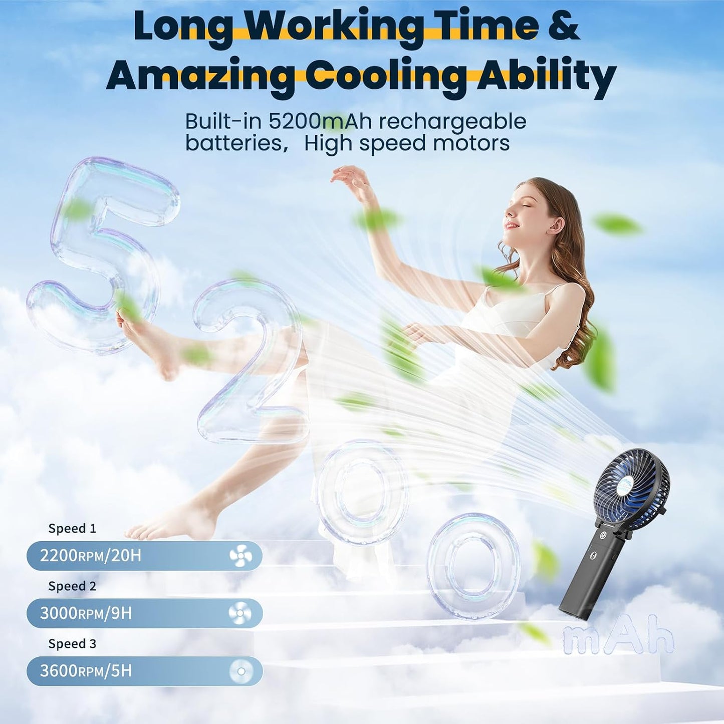 HandFan 5200mAh Portable Handheld Fan Rechargeable - 3 Speeds Foldable Personal Cooling, 2-IN-1 Hand Held Fan Battery Operated, 20H Runtime for Disney/Travel/Summer/Concerts/Women (Black&Blue)