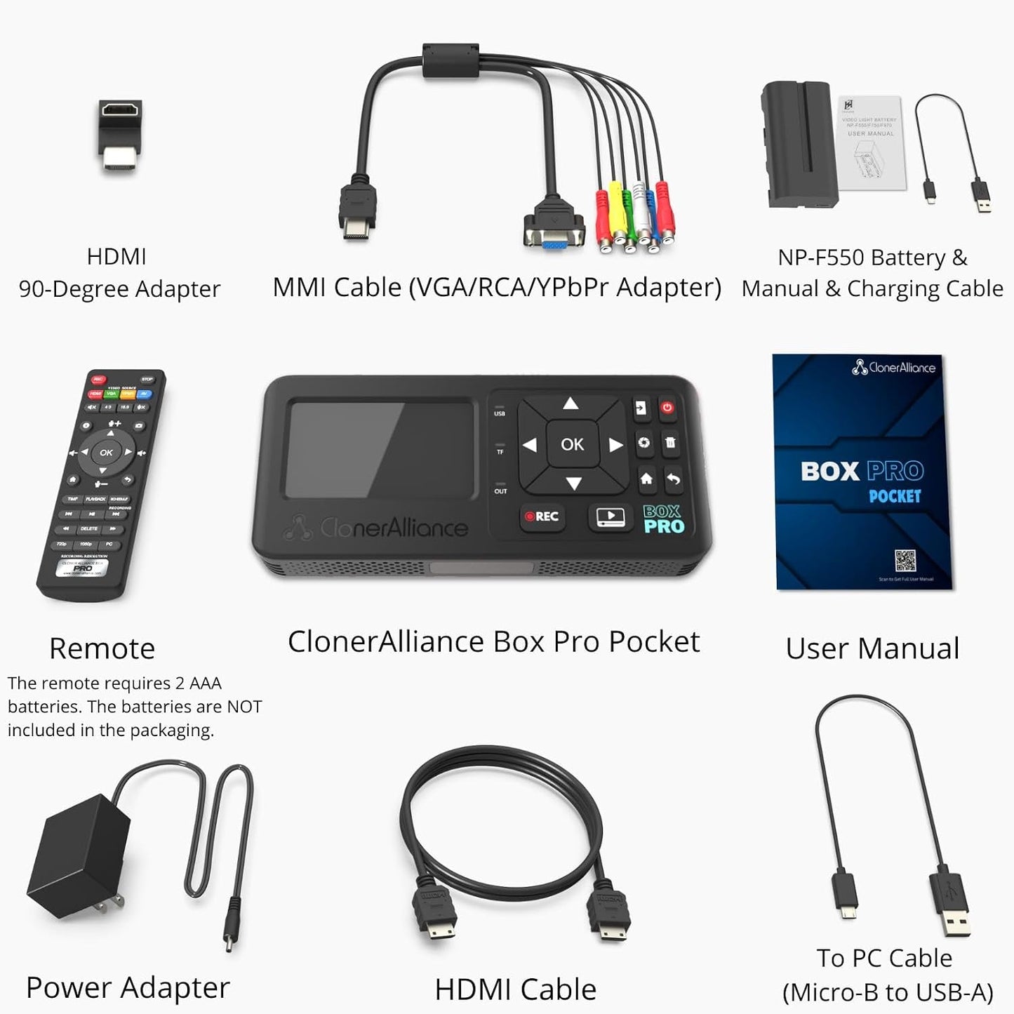 ClonerAlliance Box Pro Pocket, Portable 1080p60fps Video Capture Device & Recorder with Built-in Screen, Battery Power, and Support for HDMI, RCA, YPbPr, VGA Inputs.