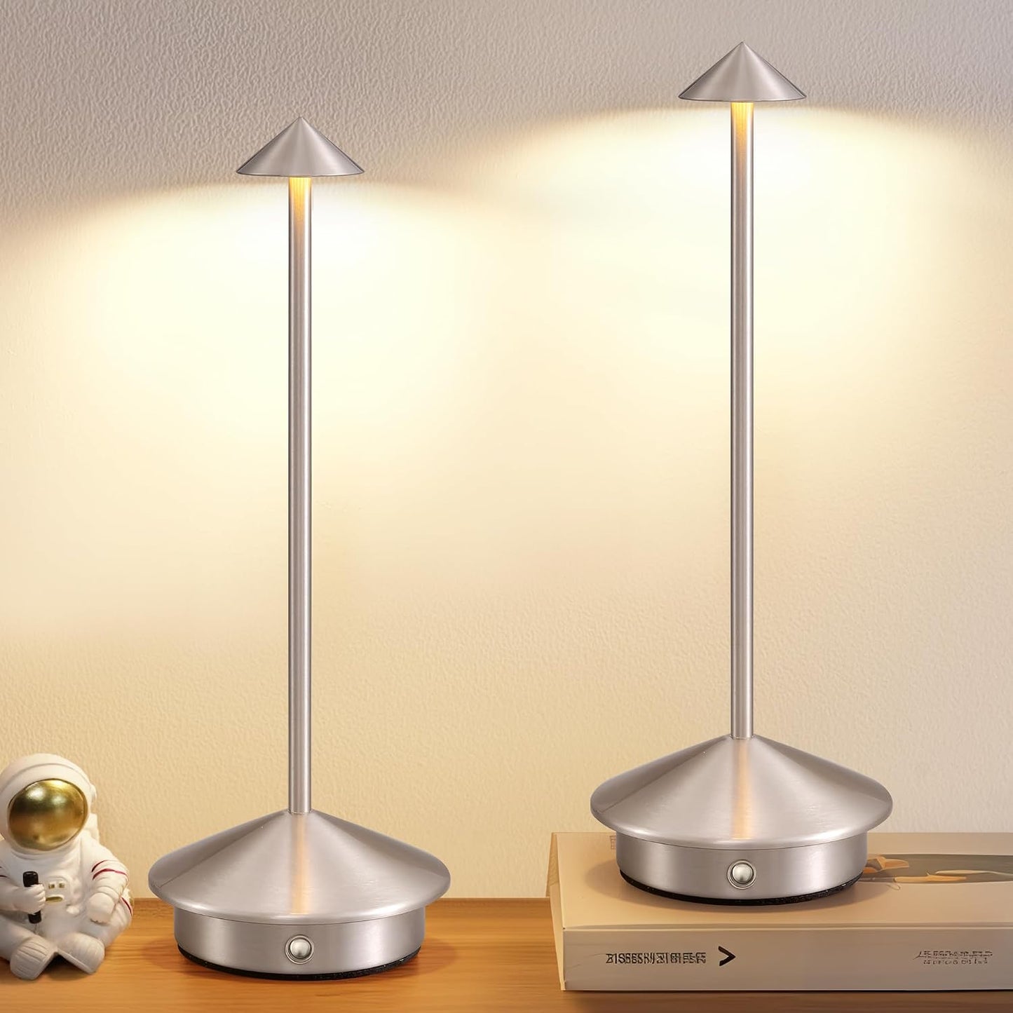 Modern Cordless Table Lamp Set of 2, Brushed Nickel LED Desk Lamps | 5000mAh, Rechargeable, Battery Operated Lighting for Bedroom, Dining Room, Restaurant, Coffee Shop, Camping, Night Light