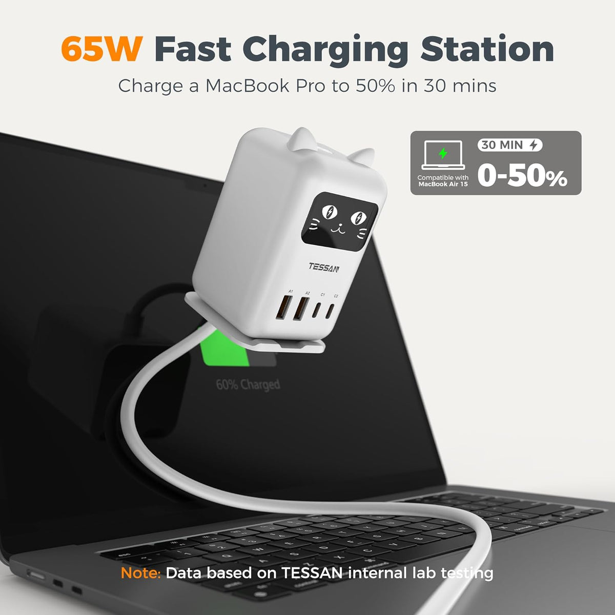 USB C Charger Block PD 65W, TESSAN Charging Station for Multiple Devices | Desktop Tower Charger with 4 USB Ports for iPhone 17/16/15, MacBook, Tablet, Office Home Dormroom, White