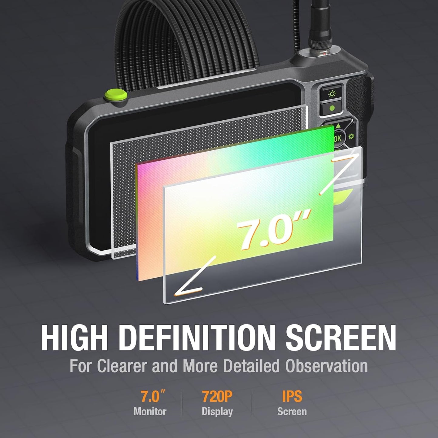 Teslong NTS700 Triple Lens Borescope with 7" 720P IPS Screen | 16.5FT Replaceable Gooseneck for Automotive HVAC, 1280x720 HD Display, 8+1+1 LEDs, IP67, 6000mAh, 32GB, 5FT, Hard Case