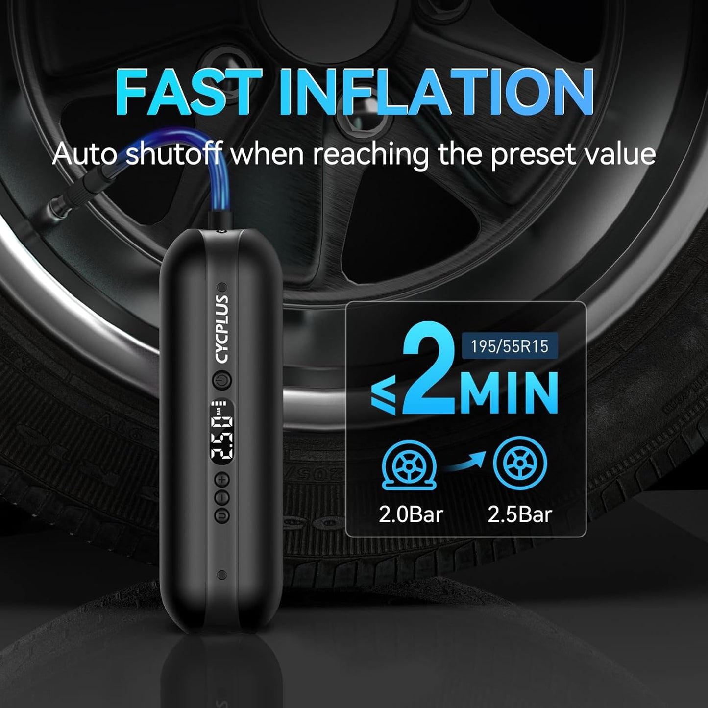 CYCPLUS Portable Electric Tire Inflator Bike Pump,150PSI Auto Off | Fast inflation, LED light, Built-in Hose, 2600mah Battery, Presta and Schrader Valve, for Car, Motorcycle, Bike and Ball