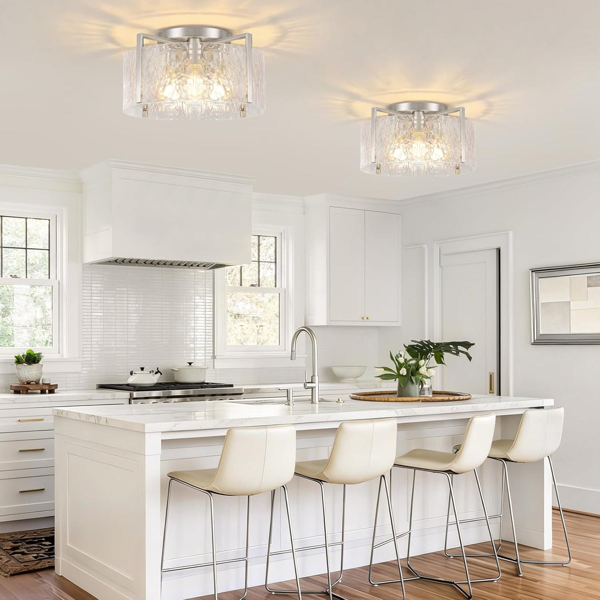 16" Semi-Flush Mount Ceiling Light, 4-Light Hammered Glass Drum Fixture