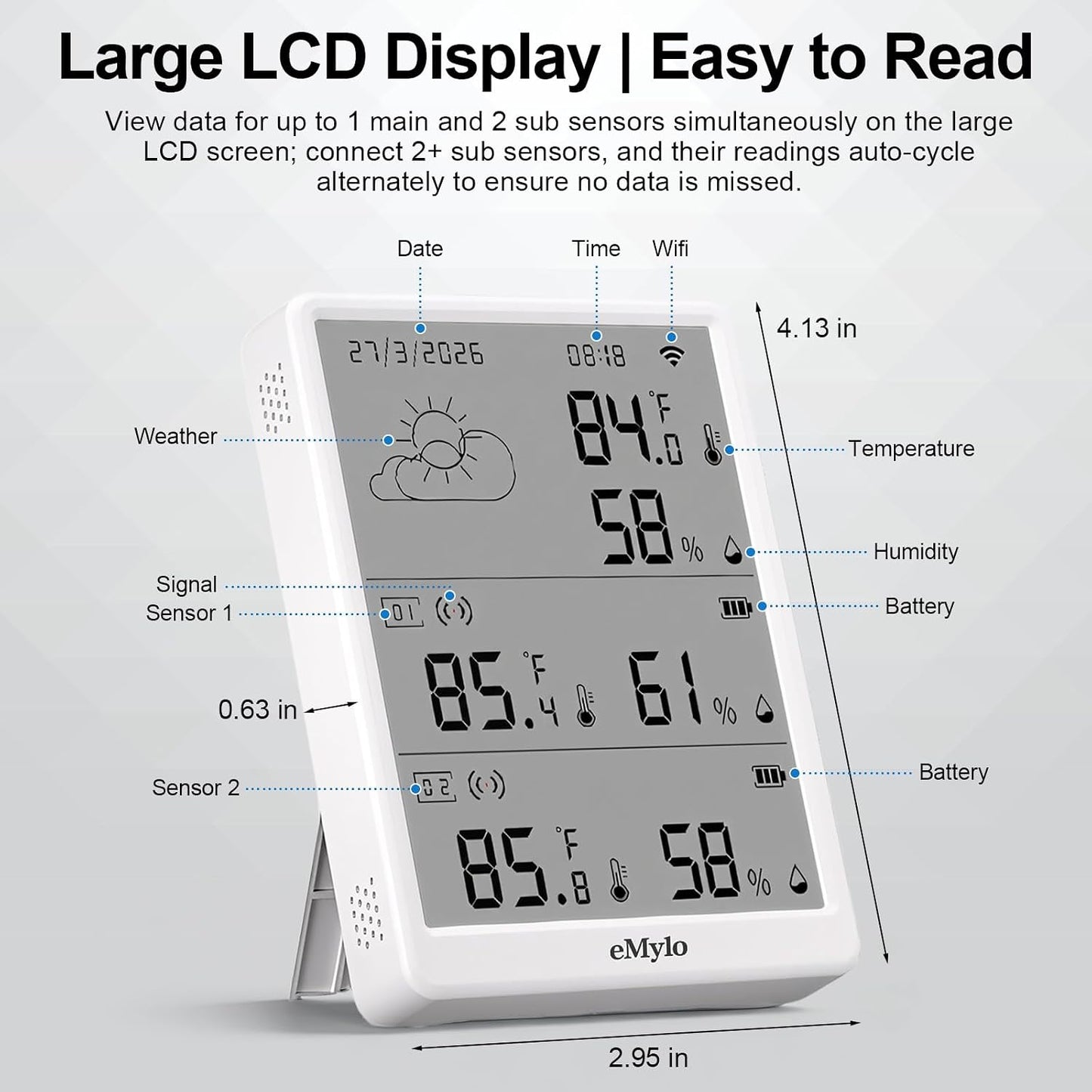 eMylo WiFi Thermometer Hygrometer with 2 IP65 Outdoor Sensors, 328Ft Range | Digital Temperature Humidity Monitor with App Alerts, Free Data Export, Indoor Thermometer for Home, Greenhouse, Wine Cellar﻿