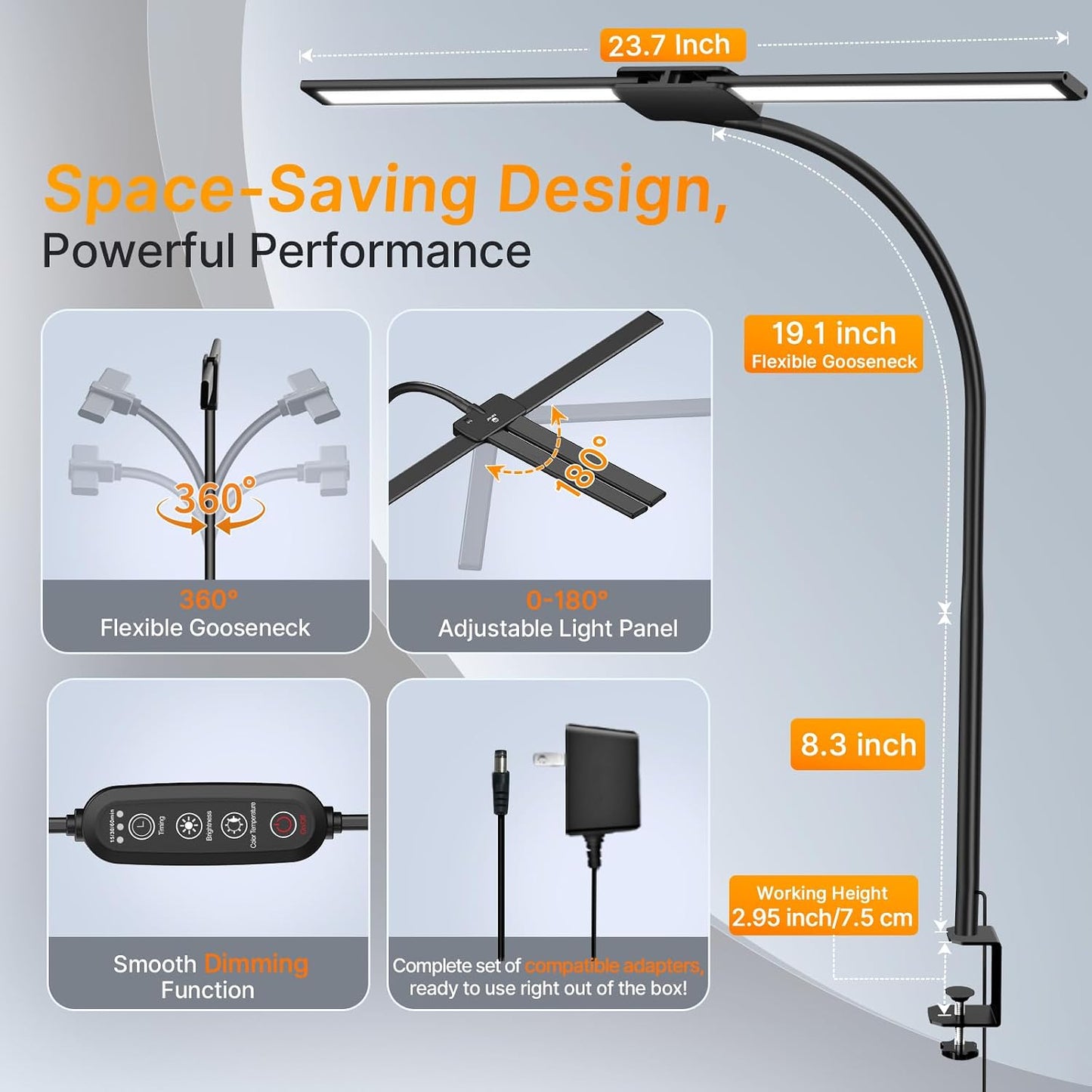 Syrinx LED Desk Lamp with Clamp, Dual Head Eye-Caring Architect Desk Lamp | Adjustable Swing Arms & Flexible Gooseneck, 50 Lighting Modes, Memory & Timer, Gesture & Wired Control for Office & Crafting