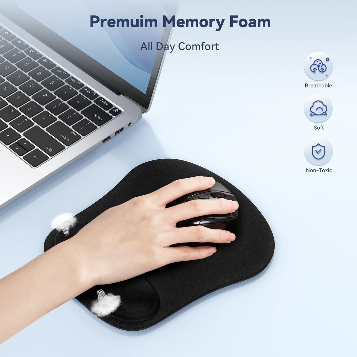 TECKNET 2 Pack Gaming Ergonomic Mouse Pad with Wrist Support Black | Soft Memory Foam, Fast Rebound, Pain Relief，Waterproof Surface, Non-slip Base