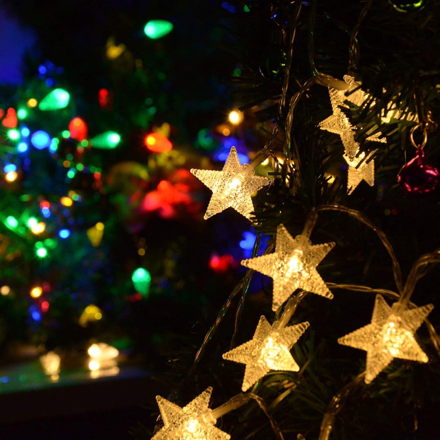25ft 50 LED Multicolor Star String Lights for Bedroom Decorations, Battery Operated Led Christmas Lights for Apartment Dorm Room Decor(Remote/Timer/Warm White Multicolor Combination)