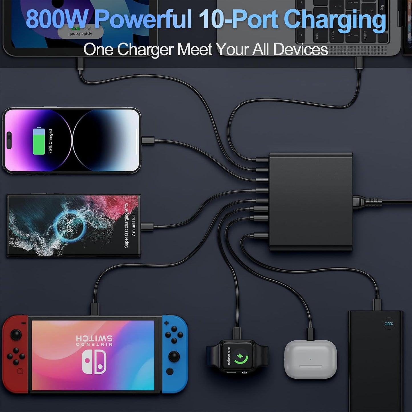 800W USB C Charger Block,10-Port GaN Charging Station | Fast Charging Type C & USB A Wall Charger Adapter for MacBook Pro/Air,iPhone,iPad,Dell XPS,Samsung Galaxy (Bright Black)