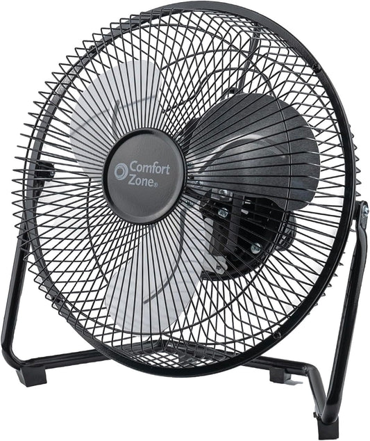 Comfort Zone 9 inch Cradle Fan, 3 Speed Floor or Table Fan with180 Degree Tilt, Metal Construction and Aluminum Blades, Carry Handle, Rubber Feet, Ideal for Bedroom, Workshop, or Garage, Black