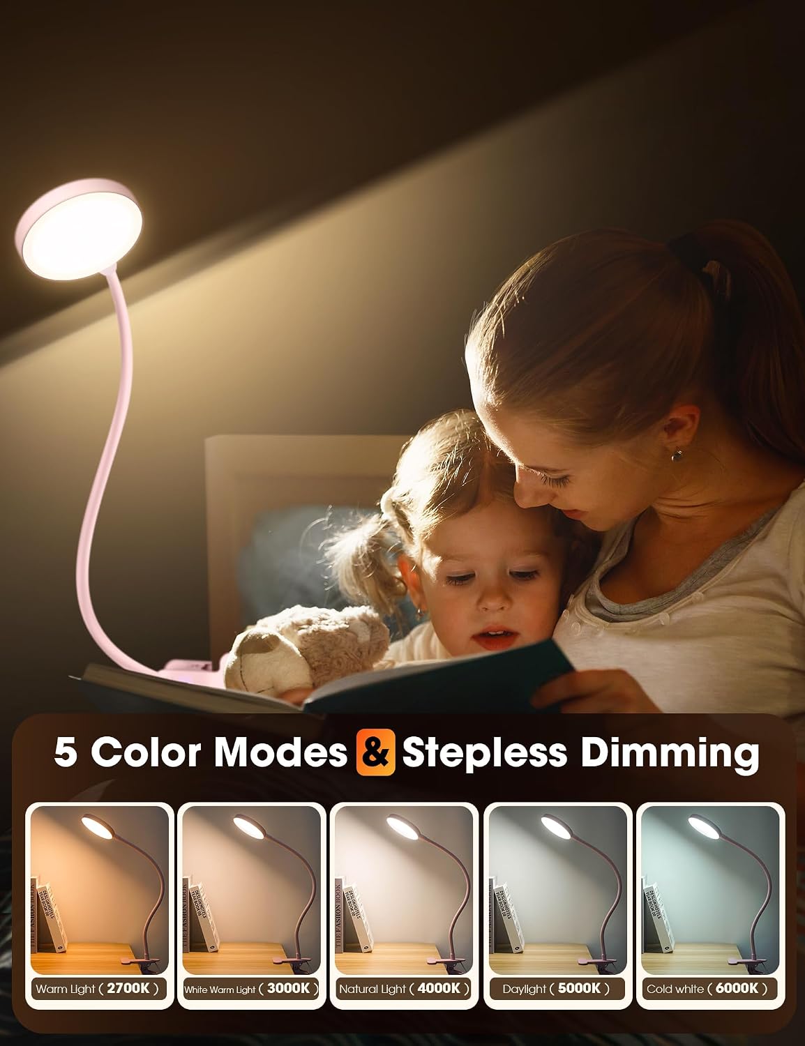 LiFMIRA Desk Lamp Clip on Light 8W 66 LED Reading Light for Bed Pink