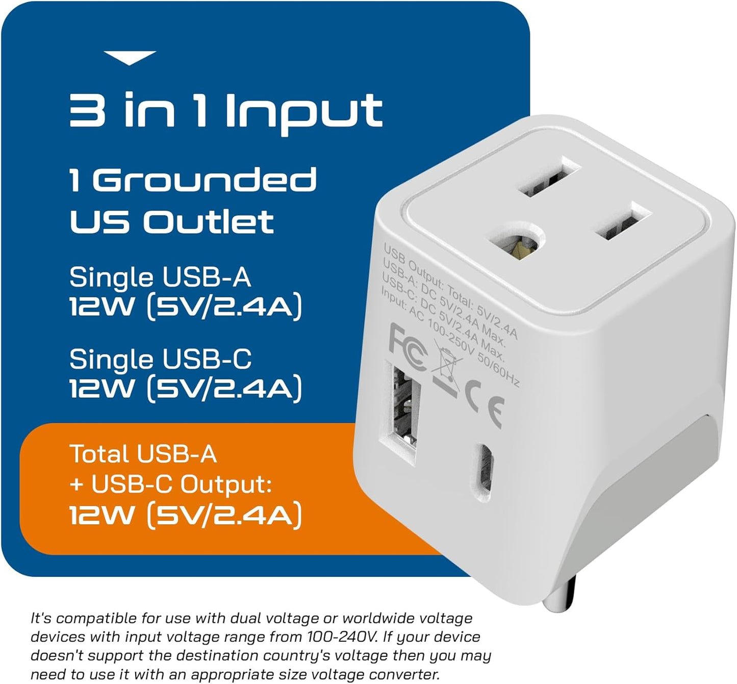Ceptics Thailand Travel Plug Adapter – Type O Power Adapter with USB-C & A + USA Input – Ultra Compact,3-in-1 Safe Grounded Adapter Plug for Thailand