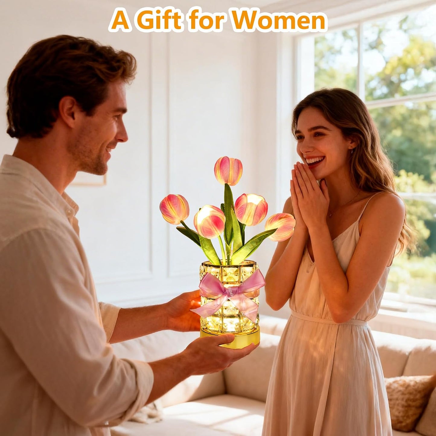 Handmade Flower Lamp,Rechargeable Cordless Touch Table Lamp,3-Colour Infinitely Dimming Small Night Light,Festival Restaurant Bedroom Bar Coffee Shop Birthday Gifts for Women Mom, Tulip Flower