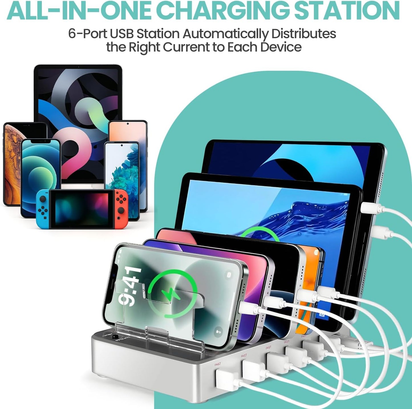 300W Fast Charging Station for Multiple Devices, 6 Port USB Charging Hub, Universal Desktop Charger Organizer Compatible with iPhone iPad Android Phones Tablets Kindle Home Office Travel