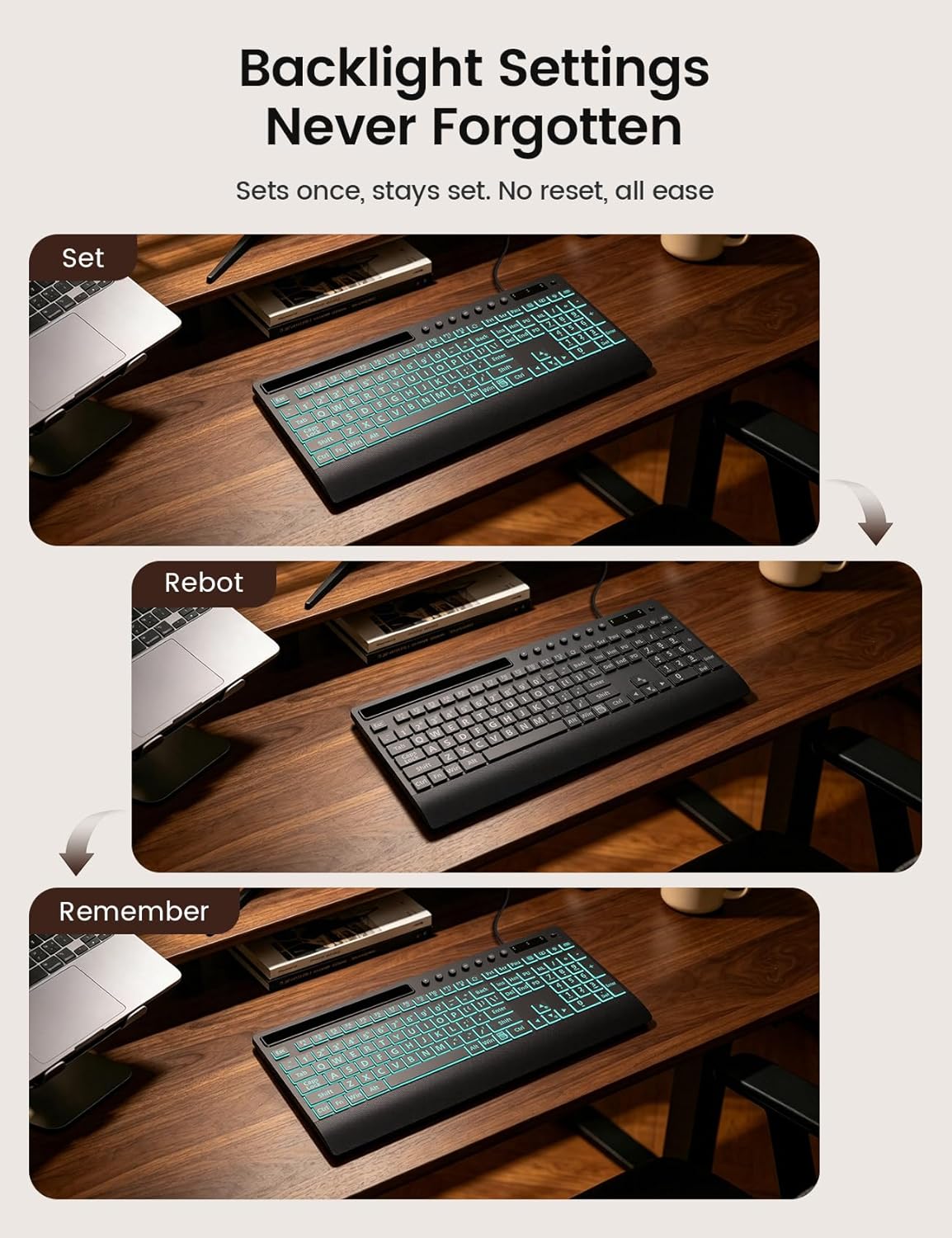 SABLUTE Wired Large Print Backlit Keyboard with Wrist Rest, K31PRO | 3X Larger Print Keys, 7-Color LED Backlight, Full Size Layout, Phone Holder, Quiet Typing, Plug & Play, Windows Compatible