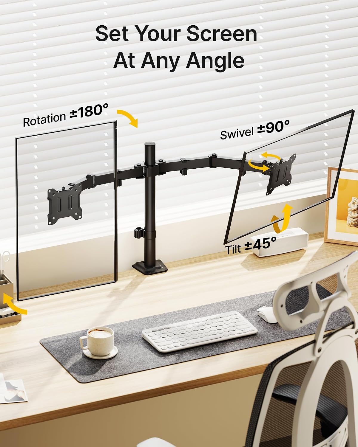 monTEK Heavy-Duty Dual Monitor Stand for 17-32", 22 lbs Each | Adjustable dual monitor mount, full-motion arms, clamp/grommet bases, cable management and VESA 75/100
