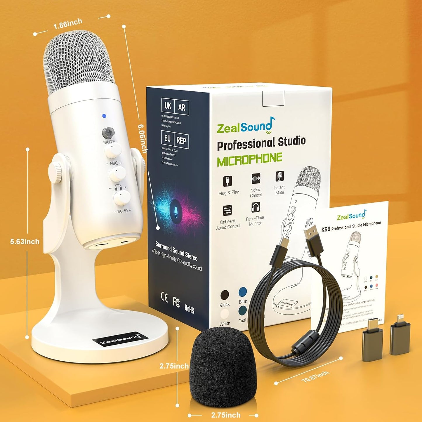 ZealSound Podcast Microphone for iPhone PC & Android, Noise Cancellation Mic with Gain Knob, Volume Adjustment & Mute Button, Monitor & Echo, for ASMR Podcasting Recording YouTube & TikTok - K66 White