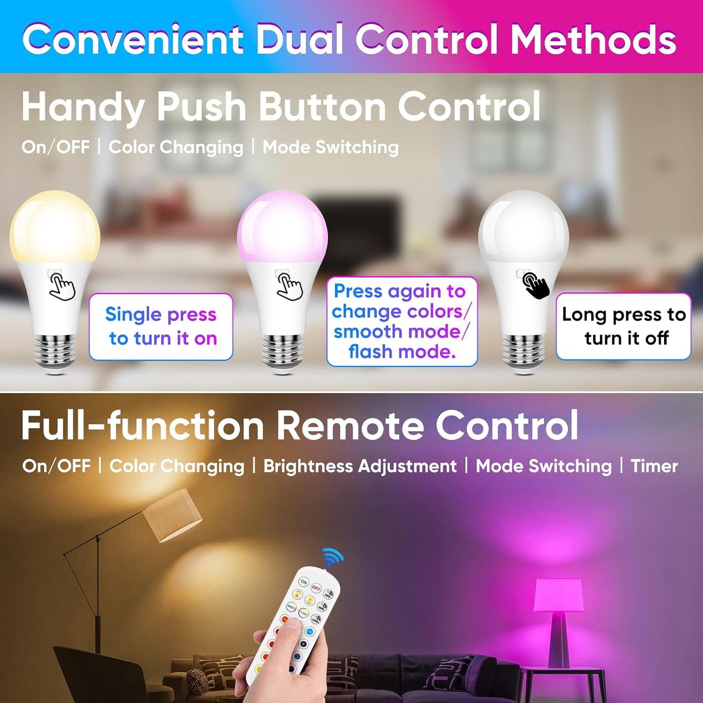 Yochoice Rechargeable Battery Operated Light Bulb with Remote & Timer, Dimmable Backup Magnetic LED Bulb with 15 Colors, Wireless Puck Light Bulb for Wall Sconce Lamps, Non-Hardwired, 2-Pack