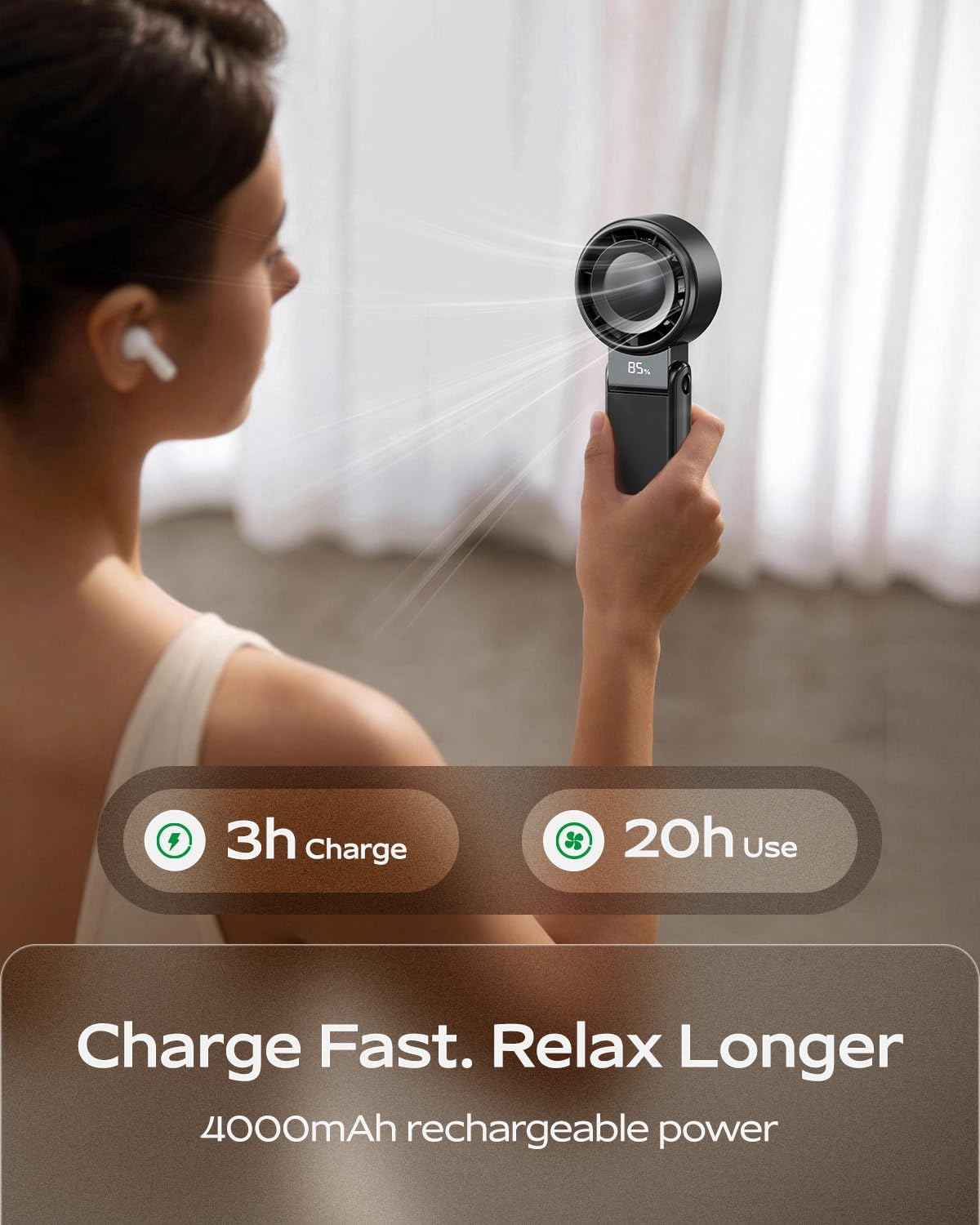 SHEWIND Portable Handheld Mini Fan -5 Speeds, 20H Max, LED Display - Black | Foldable Mini Fan; Neck & Desktop Use; 4000mAh Rechargeable Battery; Travel Turbo Fan