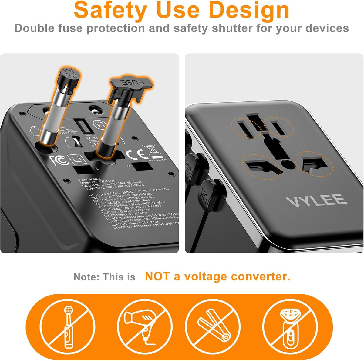VYLEE 70W GaN International Travel Adapter, Universal Travel Adapter | 3 USB-C & 1 USB-A Ports, Worldwide Wall Charger for US to Europe, UK, Ireland, AU, Asia, Works in 200+ Countries