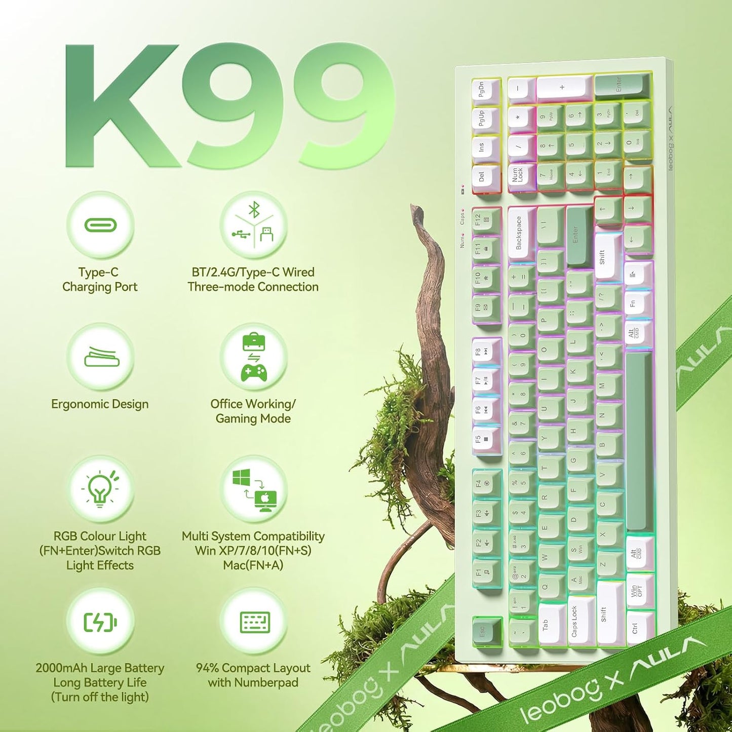 LEOBOG X Aula Green Keyboard Wireless Gaming Keyboard Creamy Silent | 98 Keys,Quiet,RGB Backlit,2000mAh Computer Keyboards Membrane Creamy Keyboard with Number Pad,Tri-Mode BT/2.4GHz/USB-C