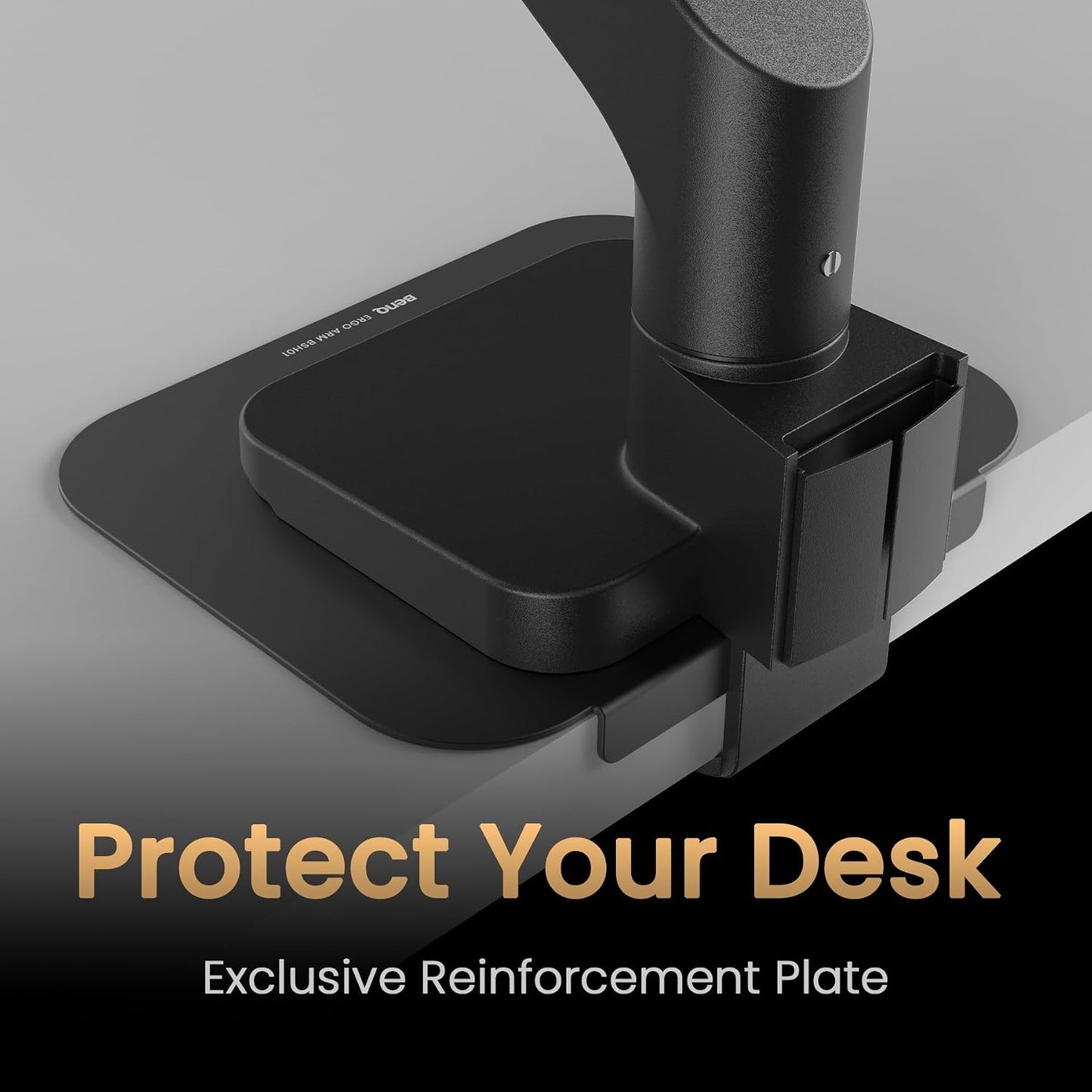 BenQ ErgoArm BSH01 Heavy Duty VESA Desk Mount for Screen up to 45" & 44 lbs | VESA 75×75, 100×100. Fits desks 12–45mm thick. Reinforcement plate desktop protect. Top mounting - clamp & grommet. Black
