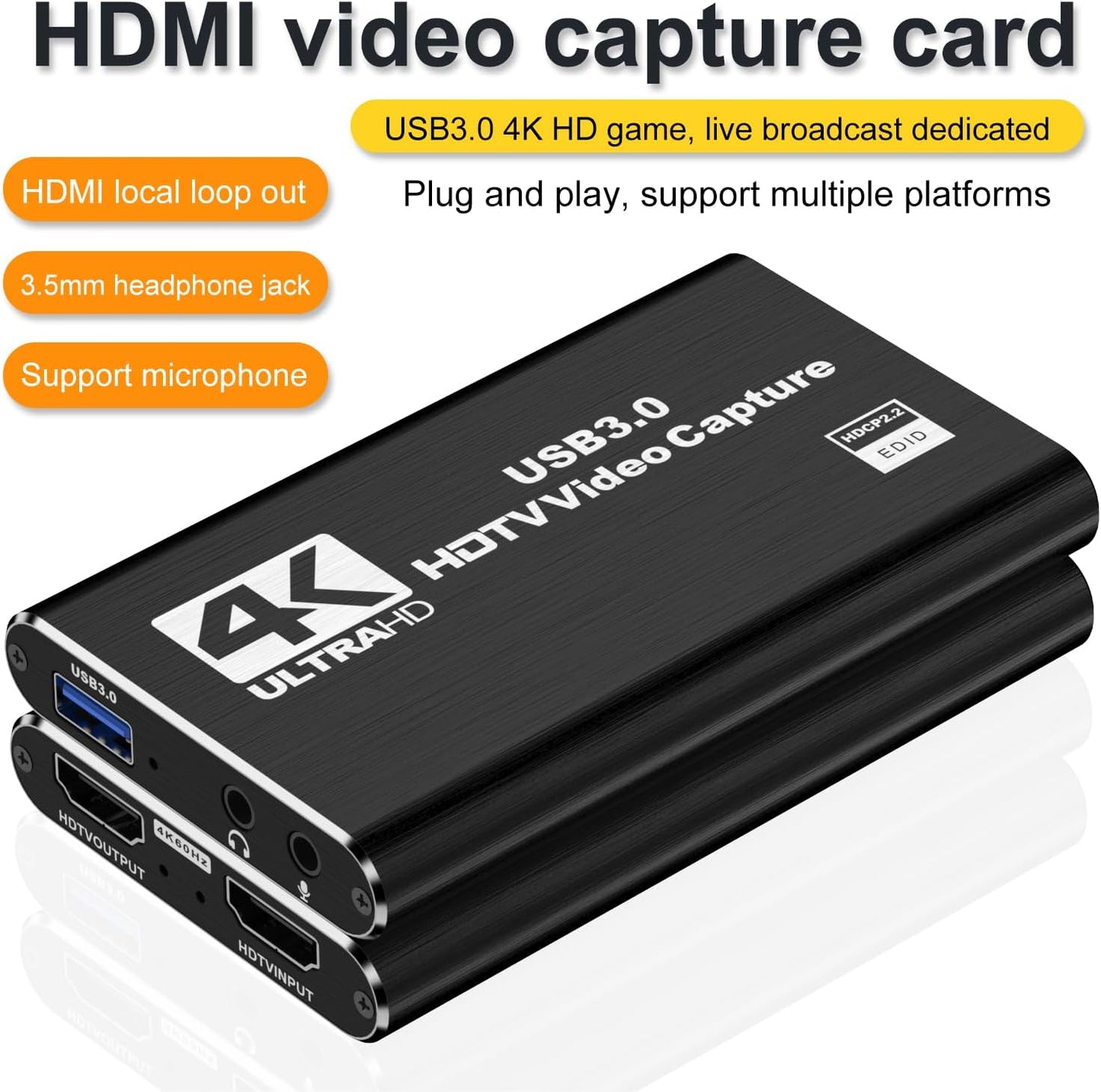 dobestyou 4K Capture Card Black for Streaming, Recording & Gaming – HDMI Video Capture Device with USB 3.0, 1080p 60fps, Plug & Play,Zero Latency for PS5, Xbox, Switch, OBS, PC, Mac