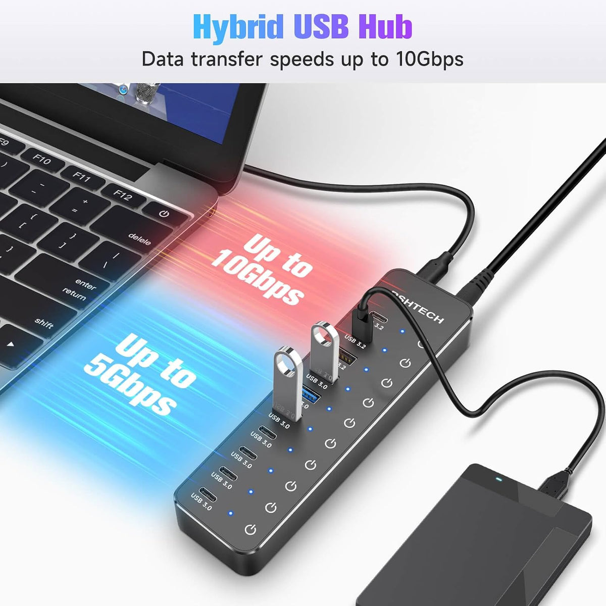 RSHTECH 10-Port Powered USB 3.2/USB C Data Hub Splitter 60W, RSH-ST10C-6