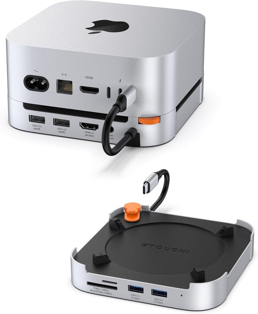 Stouchi Mac mini M4 Dock Stand with NVMe SATA SSD Enclosure, 8-Port Hub | 10Gbps | Easy Power Button | Stable Wi-Fi | 2* USB A 10Gbps, 4K@60Hz HDMI, SD/TF Slot, 2* USB A, Audio 3.5mm | for M4/M4 Pro
