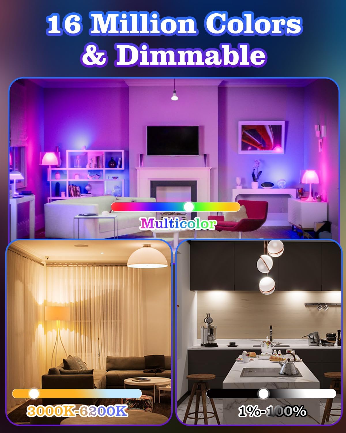 6 Pack E12 Smart Candelabra Light Bulbs – RGB + Tunable White Type B Smart LED Bulb Music Sync, Schedule & Group Control, Candle Bulb Compatible with Alexa & Google Home for Chandelier, 5W (50W Eq.)