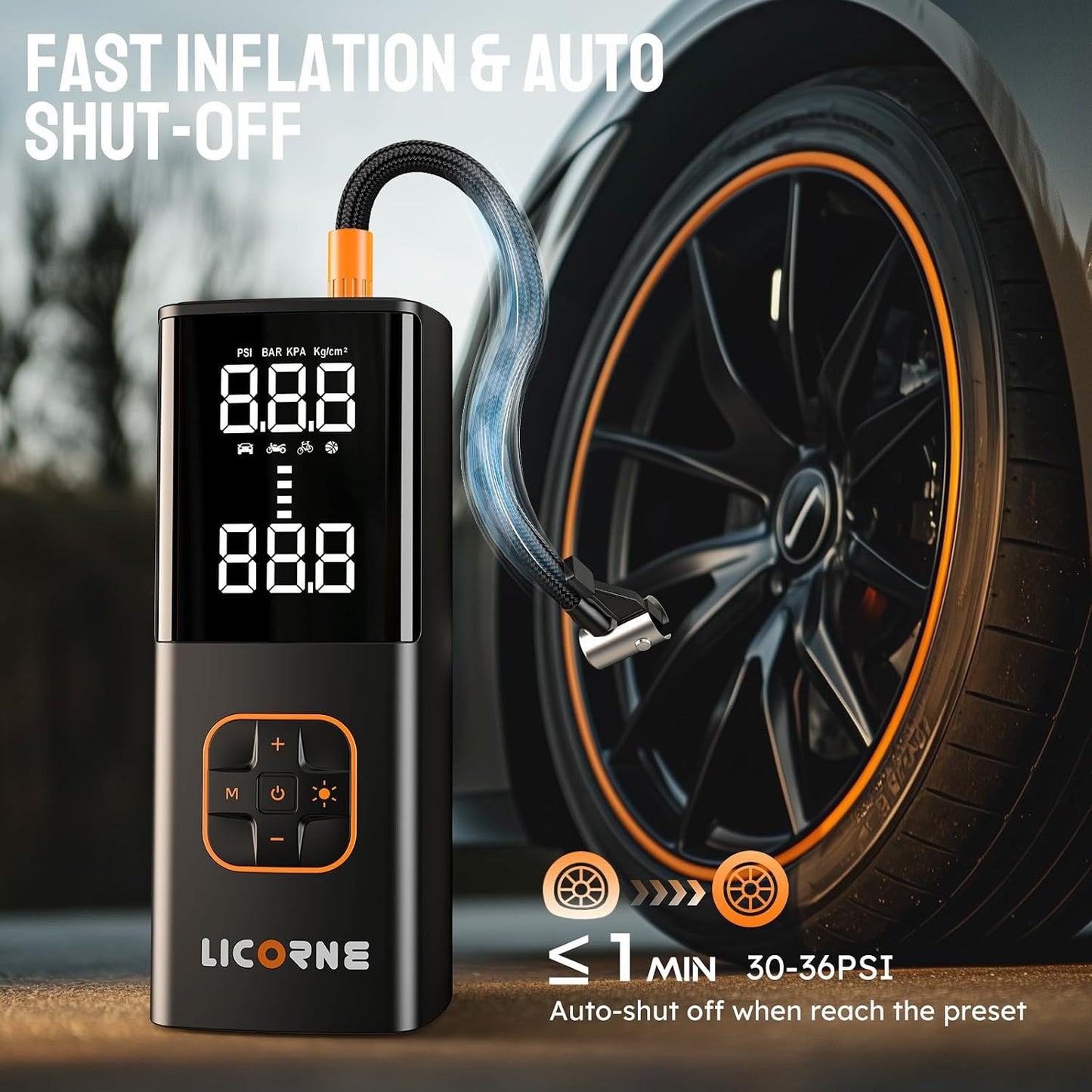 LICORNE Tire Inflator 5X 180 PSI Cordless inflator with Digital Pressure | 5X faster, 7800mAh battery, digital gauge, auto shut-off, 4 modes for car/bike/motorcycle/ball, USB-C power bank, LED light