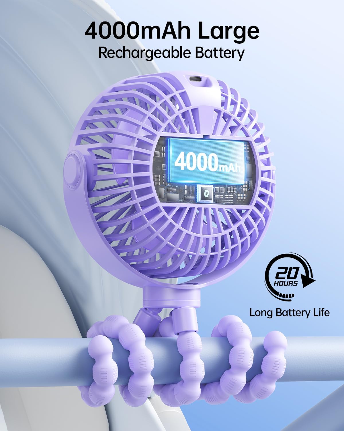 SWEETFULL Portable Stroller Fan with LED Display, 4 Speed Rechargeable Mini Clip On Fan, Built-in Non-Removable Rechargeable Battery,Sealed housing
