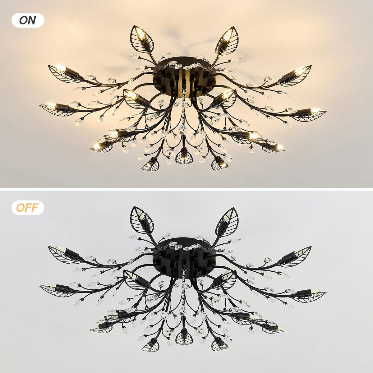 CVKASH 15 Light Vintage Small Crystal Chandelier Modern Branche Semi Flush Mount Ceiling Light Fixture Black Chandelier Lighting for Kitchen Bedroom Living Room Dining Room Hallway Foyer