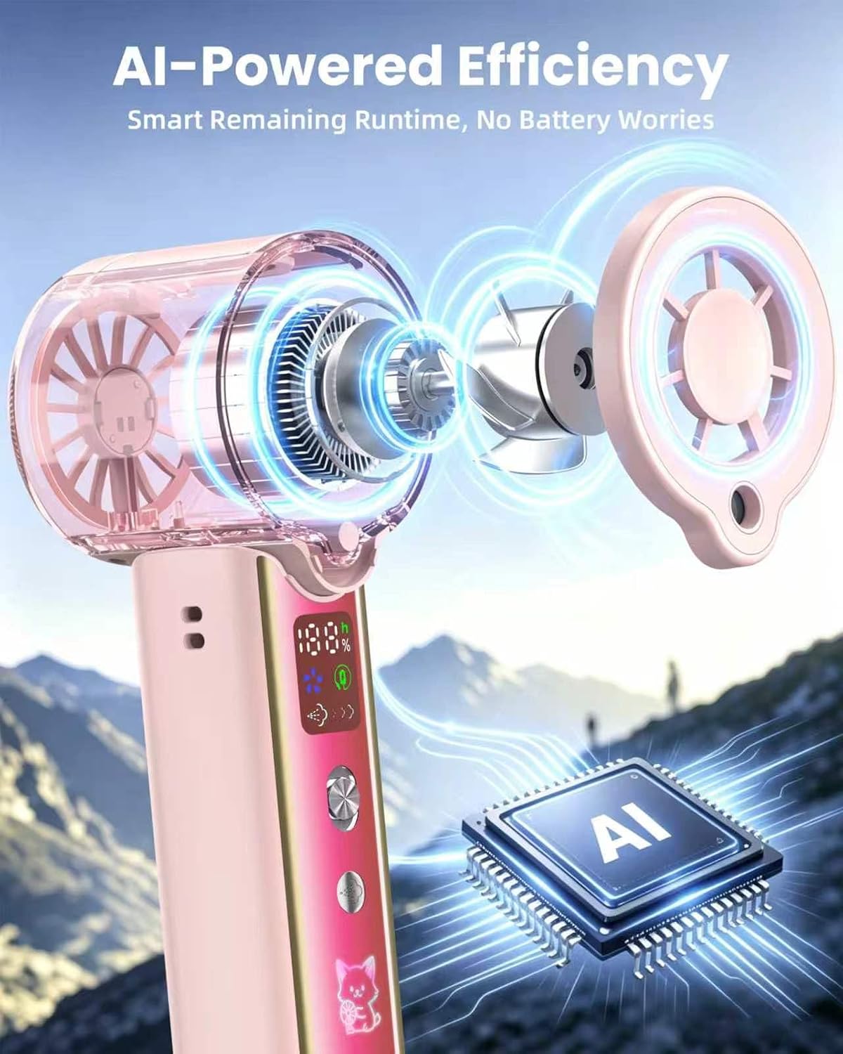 Portable Misting Fan with Mist, 3-in-1 Rechargeable Handheld 4000mAh | Adjustable mist mode, 100-speed wind control, LED display, power bank function, 30000RPM, compact & lightweight