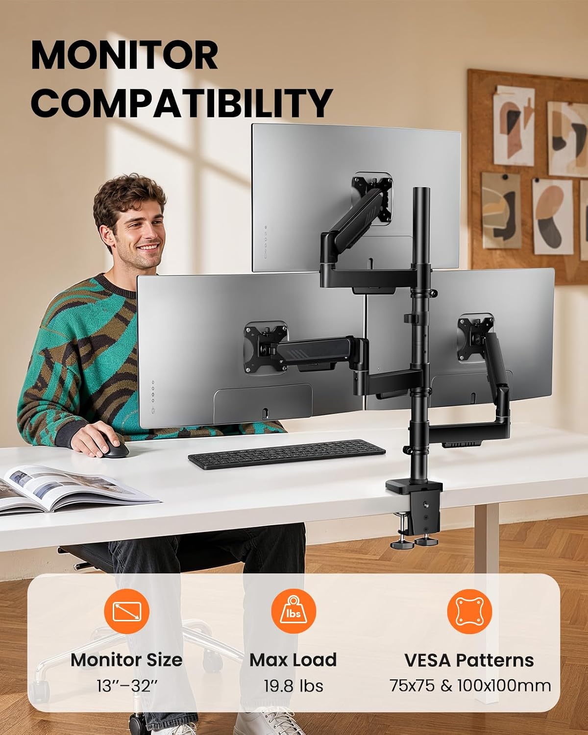 ErGear Triple Monitor Mount for 13-32 Inch Screens, 19.8 lbs per Arm