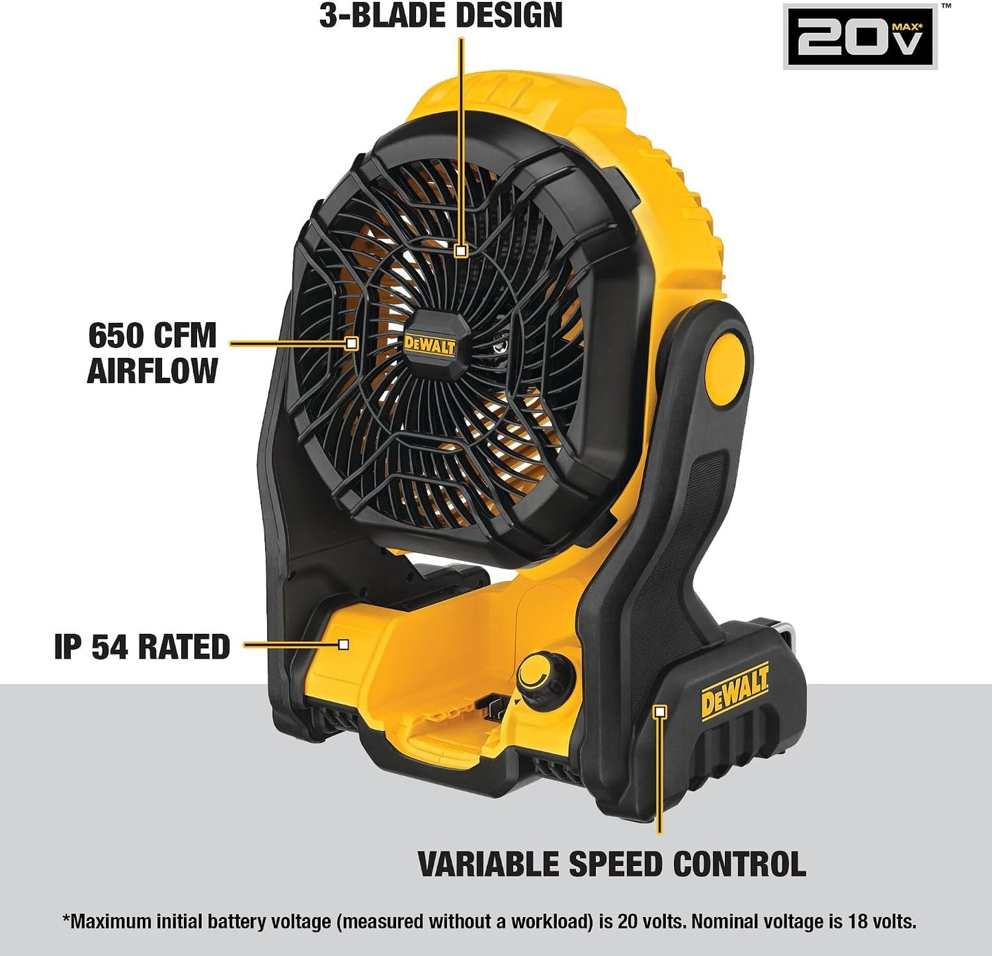 DEWALT 20V MAX Portable Fan, Battery Powered Rechargeable Cordless Shop Fan, Up to 4.5 Hrs Runtime, Variable Speed, 650 CFM, Tool Only (DCE512B)
