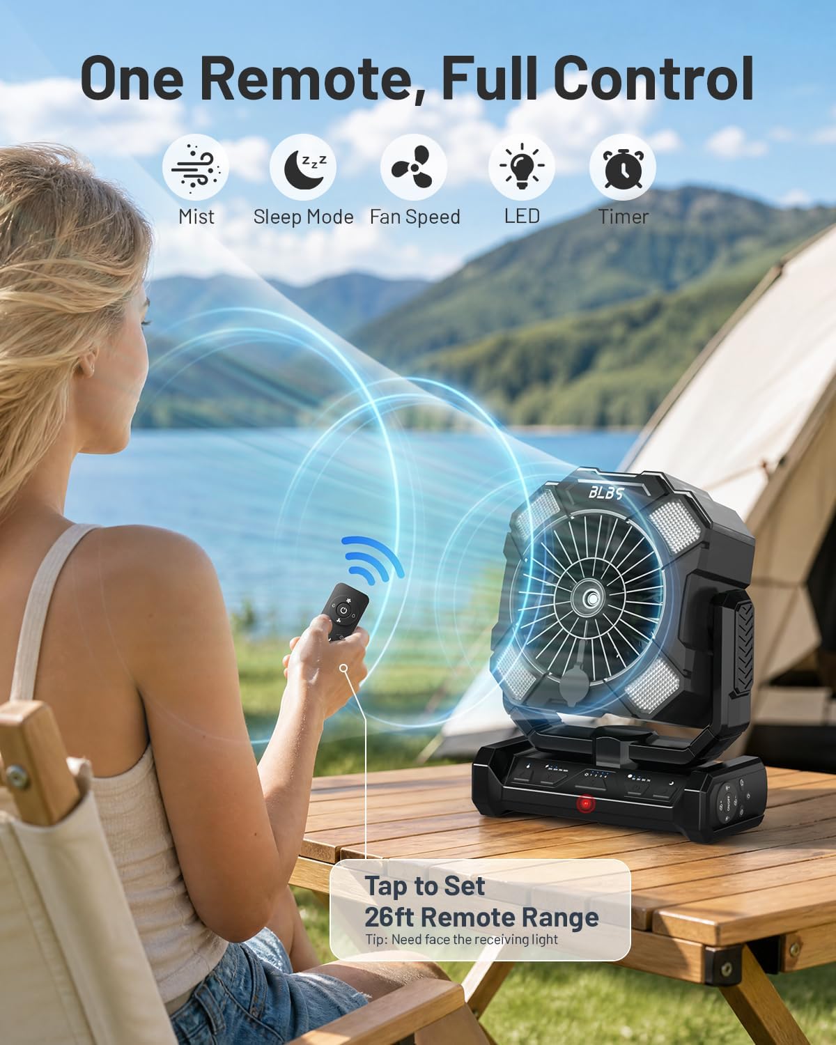 BLBS Misting Fan, Portable Camping Fan with 11oz Water Tank, 160Min Misting, 24000mAh Battery Powered Fans with 4 Speeds, 4 Timers, Light & Hook, Must-Have for Camping, Fishing, Beach & Hiking