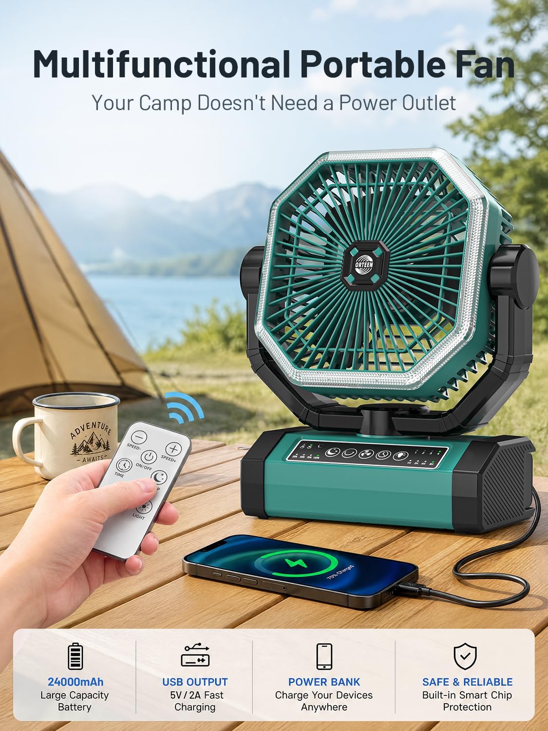 Portable Rechargeable Fan - 9-Inch Camping Fan for Tent, 24000mAh(60Hrs) Battery Operated Fan for Camping, Auto Oscillation Cordless Fans, Tent Fan with Remote/Light, 4 Speeds, 4 Timing, Outdoor