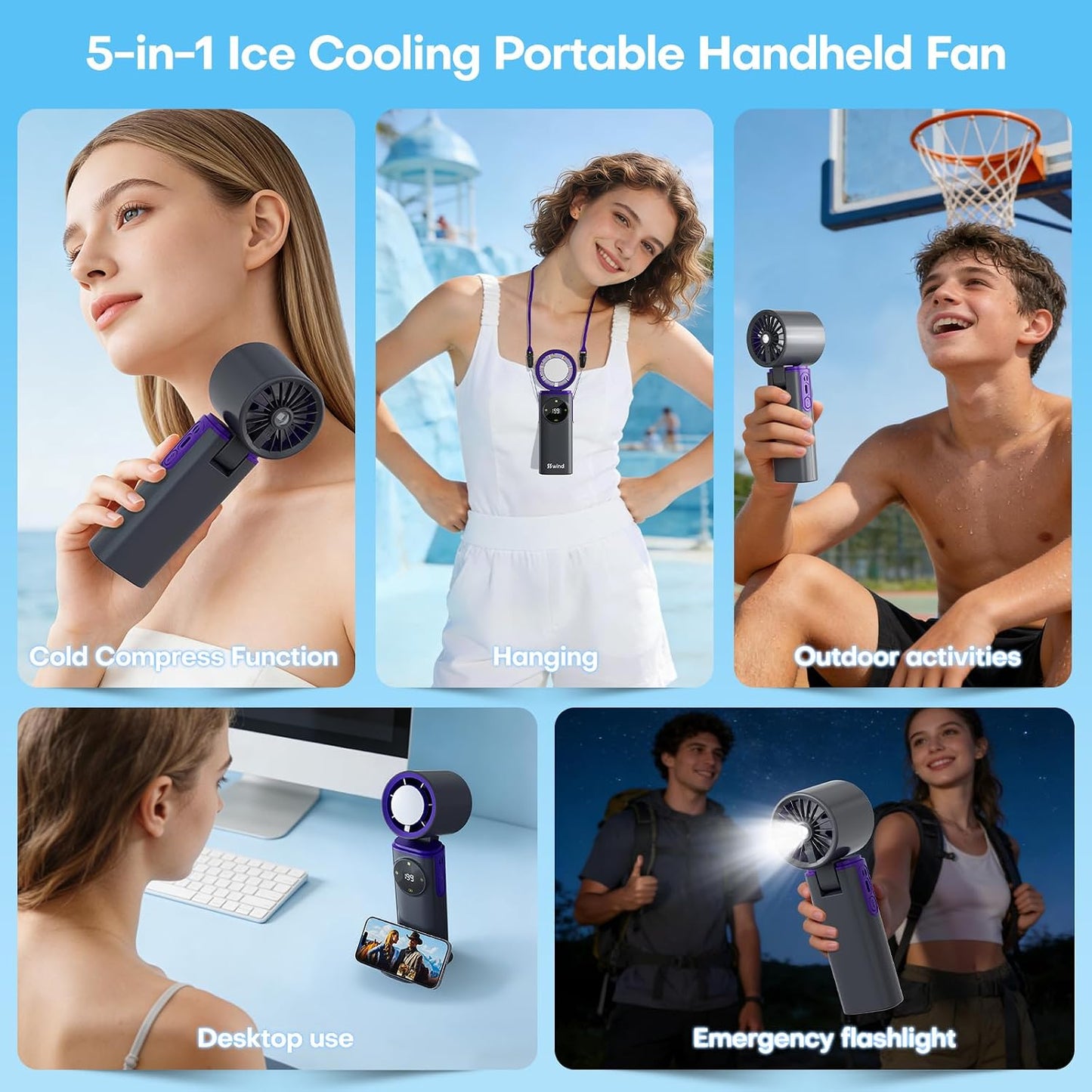 Portable Handheld Fan with Ice Cooling, 199 Levels Stepless Speed, 20H Long Battery Life, 20000RPM Turbo Fan Rechargeable Personal Mini Fan for Travel, Outdoor, Makeup (Grey)
