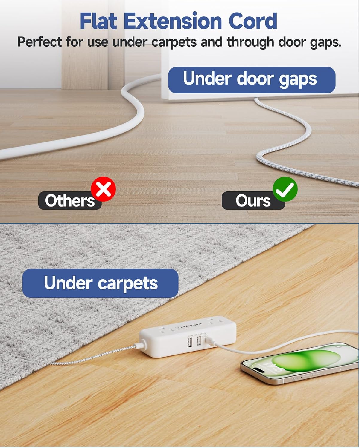 Flat Plug 25 FT Extension Cord with 4 AC Outlets | Long Braided Extension Cord, 3 USB Ports (5V/3.4A 17W) for Home Office Dorm