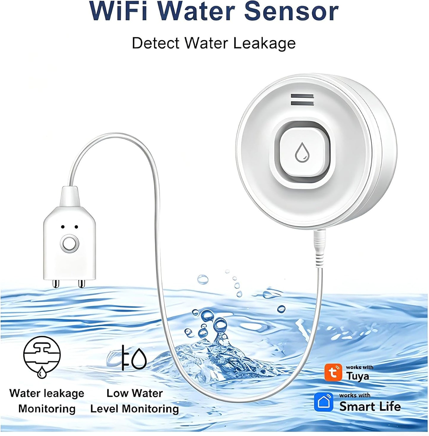 Wi-Fi Water Leak Detector, 100dB Adjustable Audio Alarm Sensor, Sensitive Leak & Drip Alert with Remote Email & APP Notification, for Home and Basement 1PC