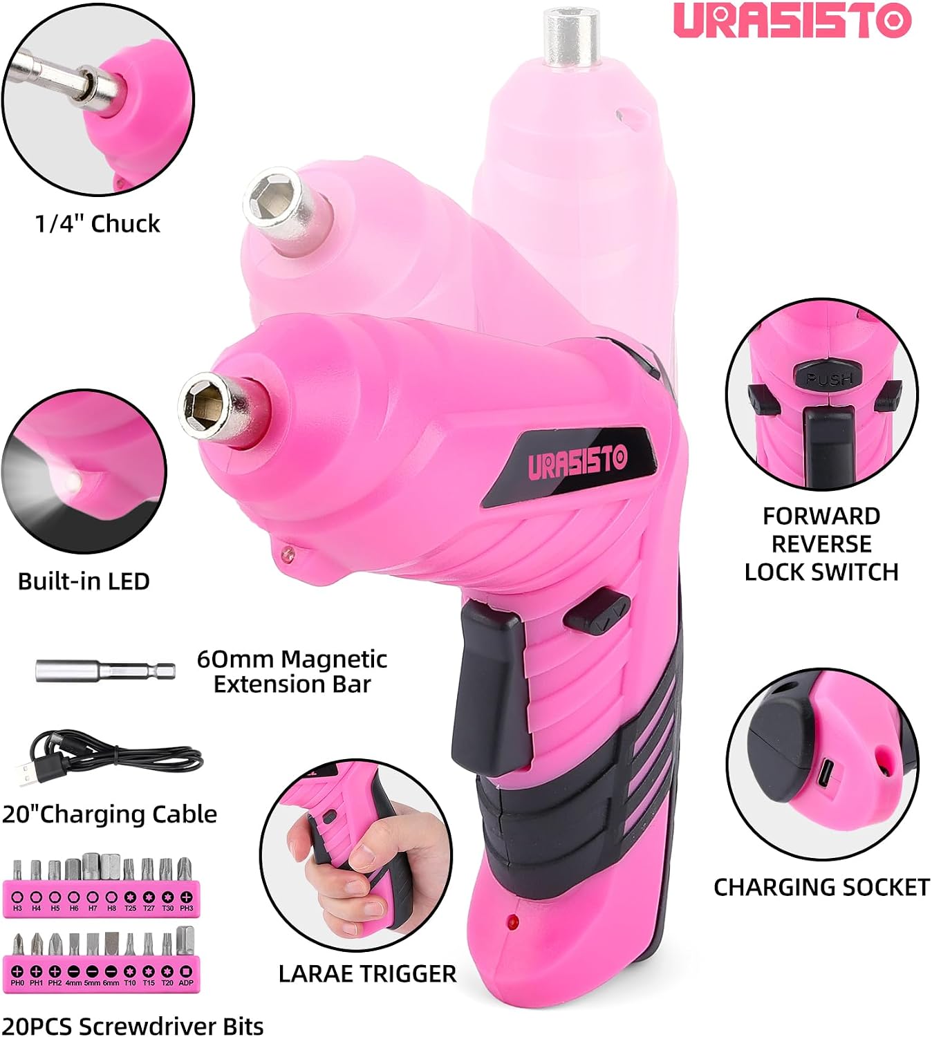 URASISTO Pink Household Tool Set with 3.6V USB Electric Screwdriver, 136 PCS Home Tool Kit with Cordless Lithium-ion Drill Driver, Hand Tool Kits for Women
